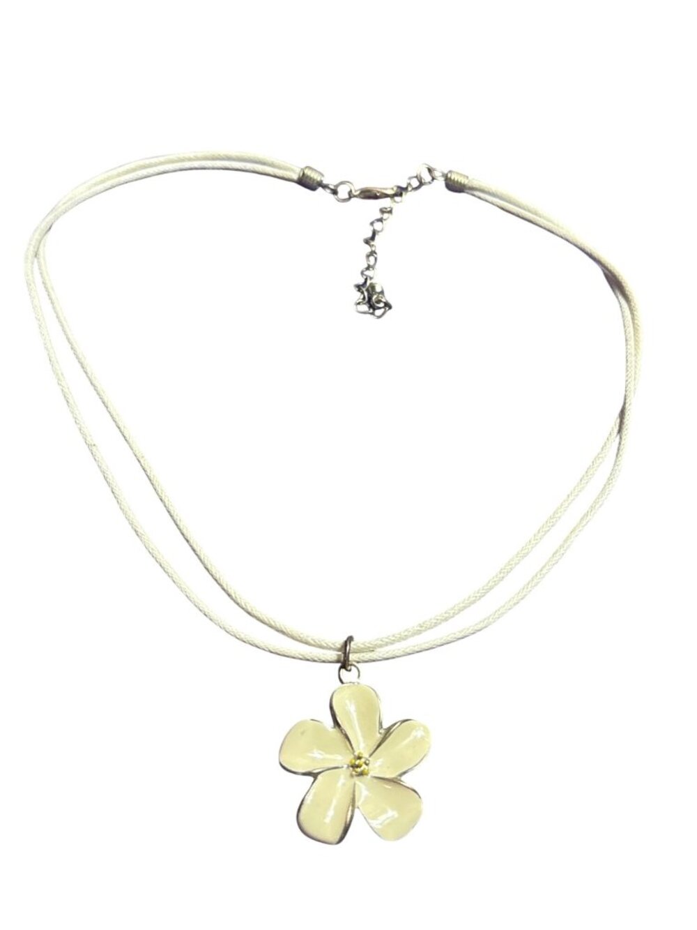 Vintage 90s Cream Enamel Flower Pendant Necklace Double Cord Silvertone 14-16 in